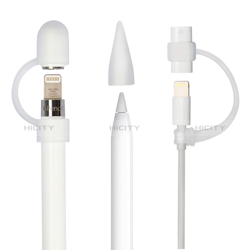 Coque Capuchon Holder Silicone Couverture de Plume Cable Lightning Adaptateur Anti-Perdu pour Apple Pencil Blanc Plus