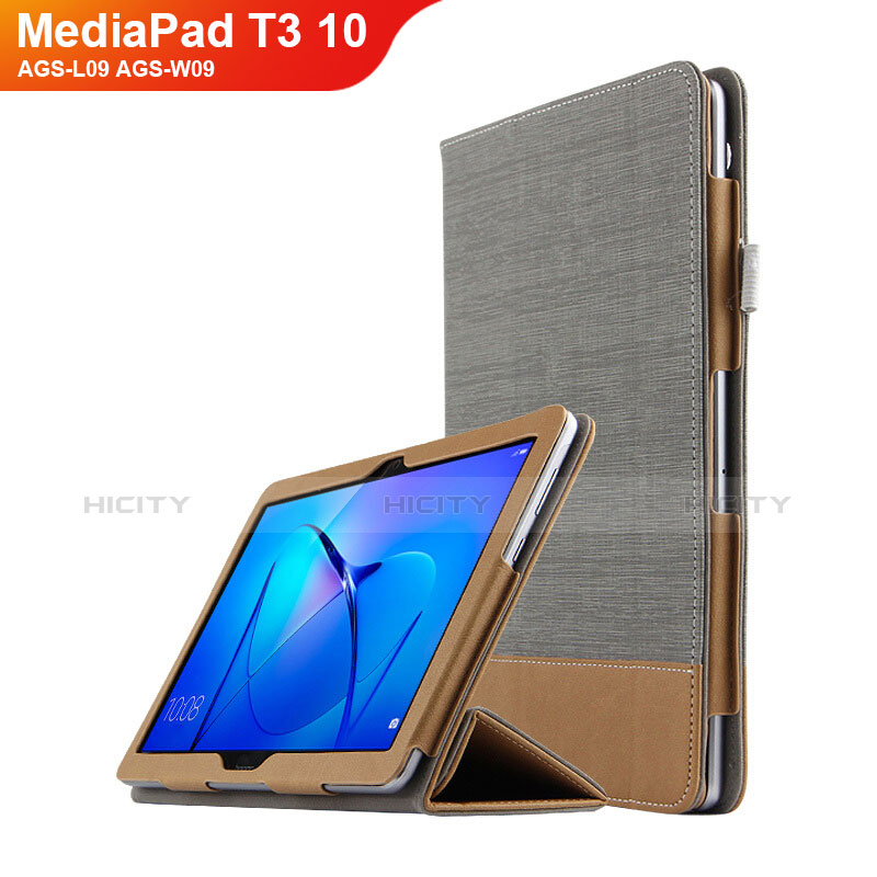 Coque Clapet Portefeuille Livre Cuir L06 pour Huawei MediaPad T3 10 AGS-L09 AGS-W09 Gris Plus