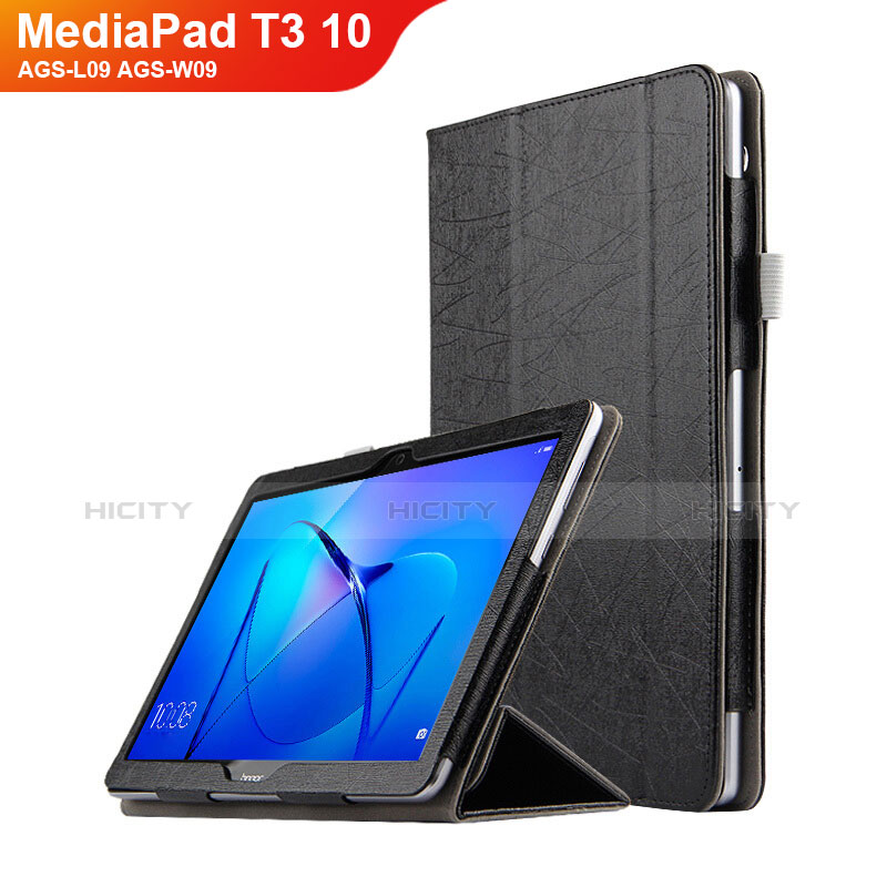 Coque Clapet Portefeuille Livre Cuir L07 pour Huawei MediaPad T3 10 AGS-L09 AGS-W09 Noir Plus