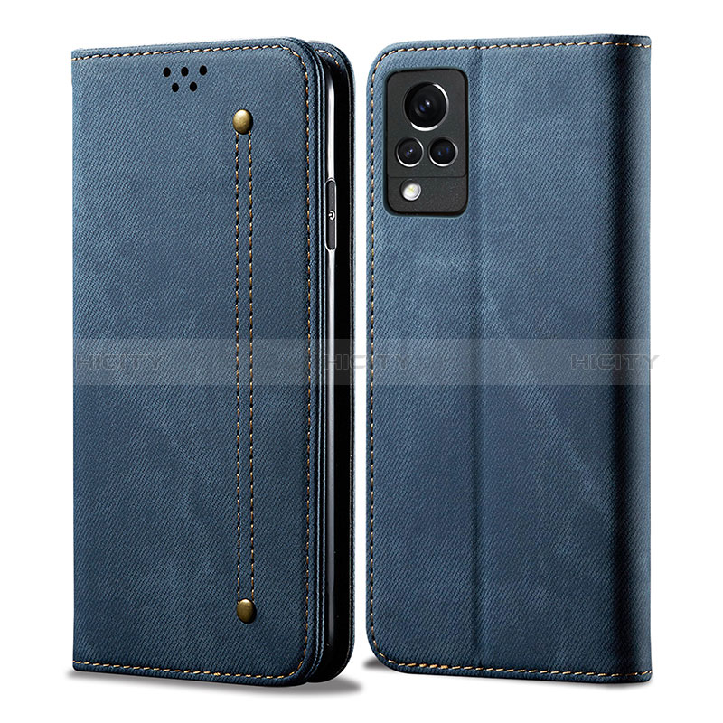 Coque Clapet Portefeuille Livre Tissu B01S pour Vivo V21 5G Bleu Plus