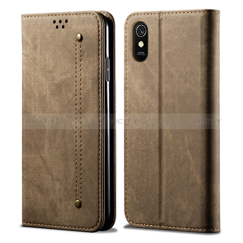 Coque Clapet Portefeuille Livre Tissu B01S pour Xiaomi Redmi 9A Kaki Plus