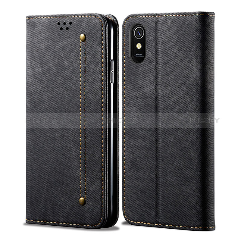 Coque Clapet Portefeuille Livre Tissu B01S pour Xiaomi Redmi 9A Noir Plus