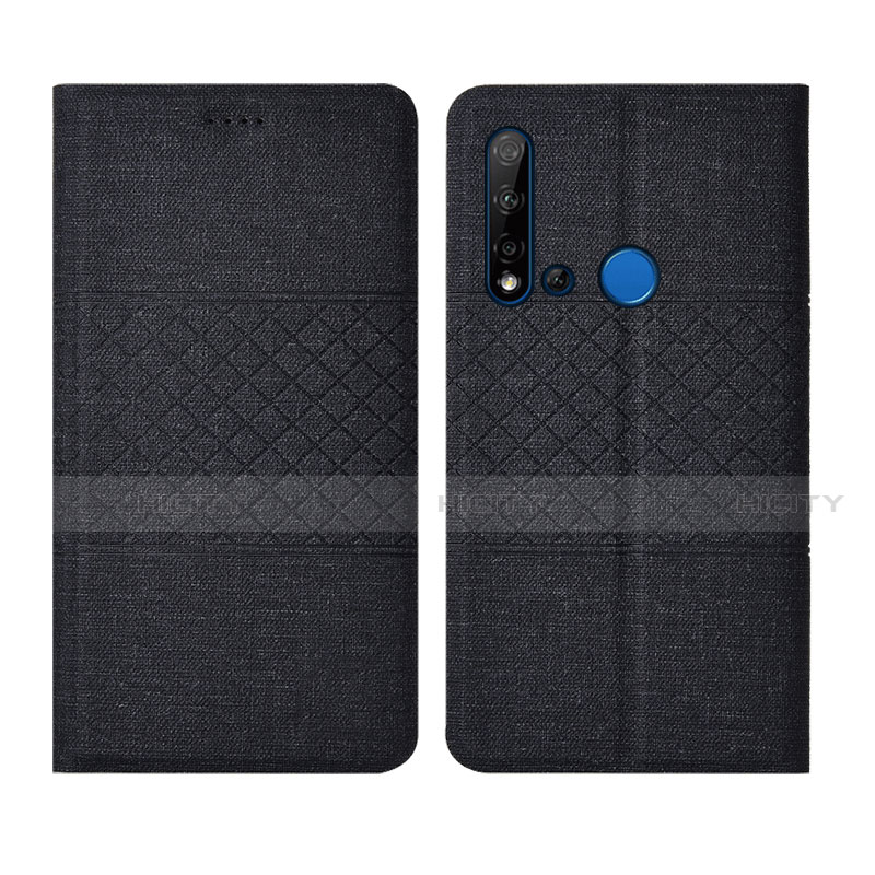 Coque Clapet Portefeuille Livre Tissu H01 pour Huawei Nova 5i Noir Plus