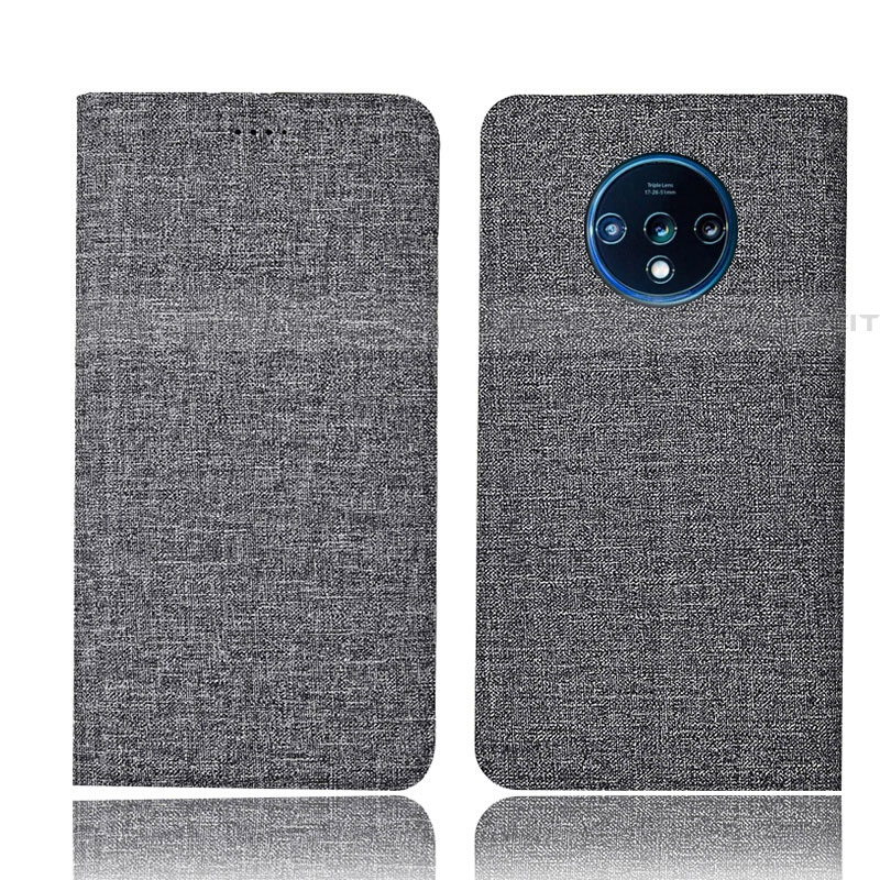 Coque Clapet Portefeuille Livre Tissu H01 pour OnePlus 7T Gris Plus