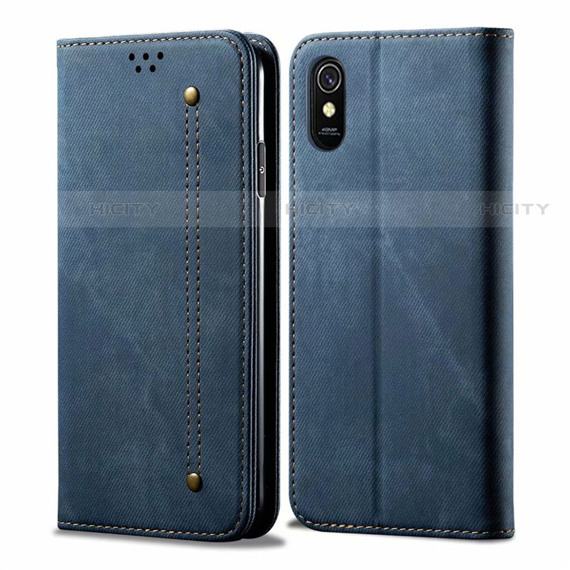 Coque Clapet Portefeuille Livre Tissu H01 pour Xiaomi Redmi 9A Bleu Plus