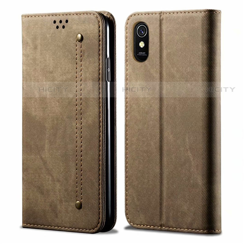 Coque Clapet Portefeuille Livre Tissu H01 pour Xiaomi Redmi 9A Kaki Plus