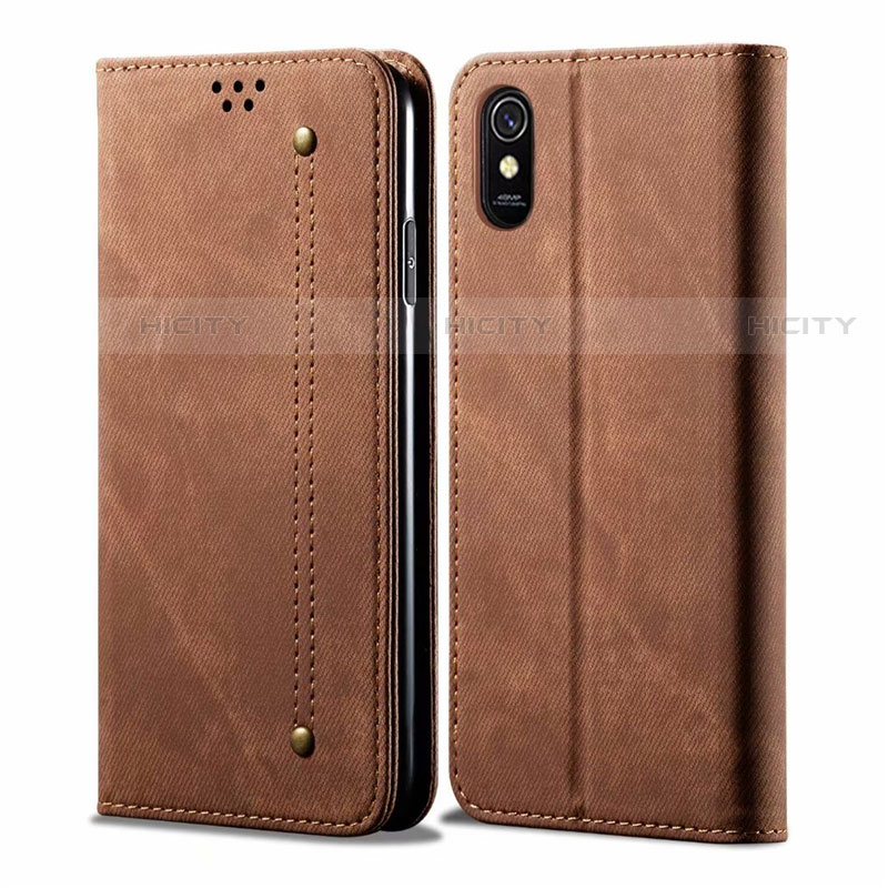 Coque Clapet Portefeuille Livre Tissu H01 pour Xiaomi Redmi 9A Marron Plus