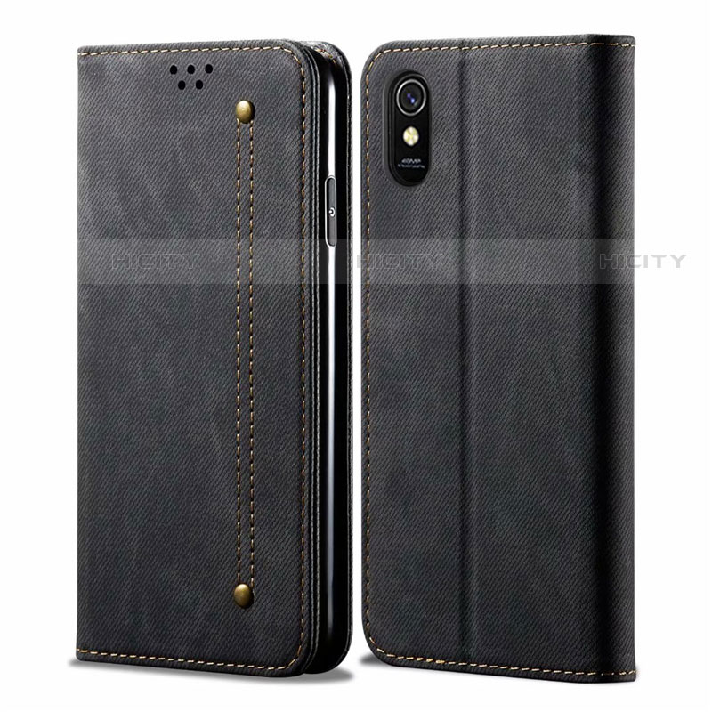 Coque Clapet Portefeuille Livre Tissu H01 pour Xiaomi Redmi 9A Noir Plus