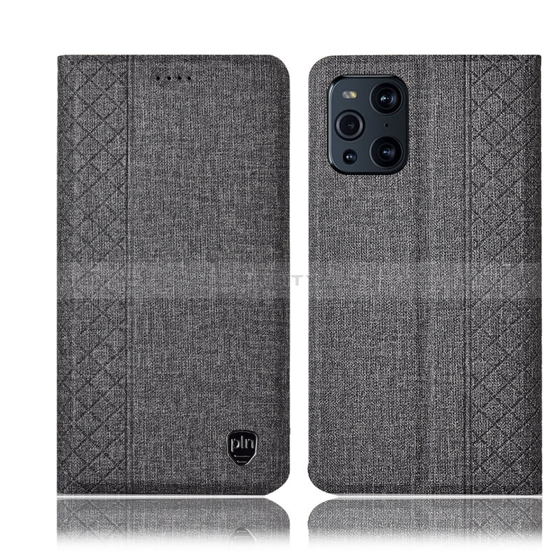 Coque Clapet Portefeuille Livre Tissu H14P pour Oppo Find X3 5G Gris Plus