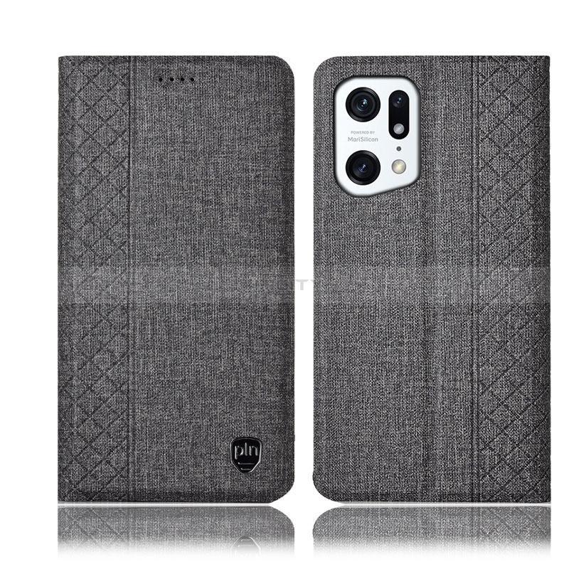 Coque Clapet Portefeuille Livre Tissu H14P pour Oppo Find X5 5G Gris Plus