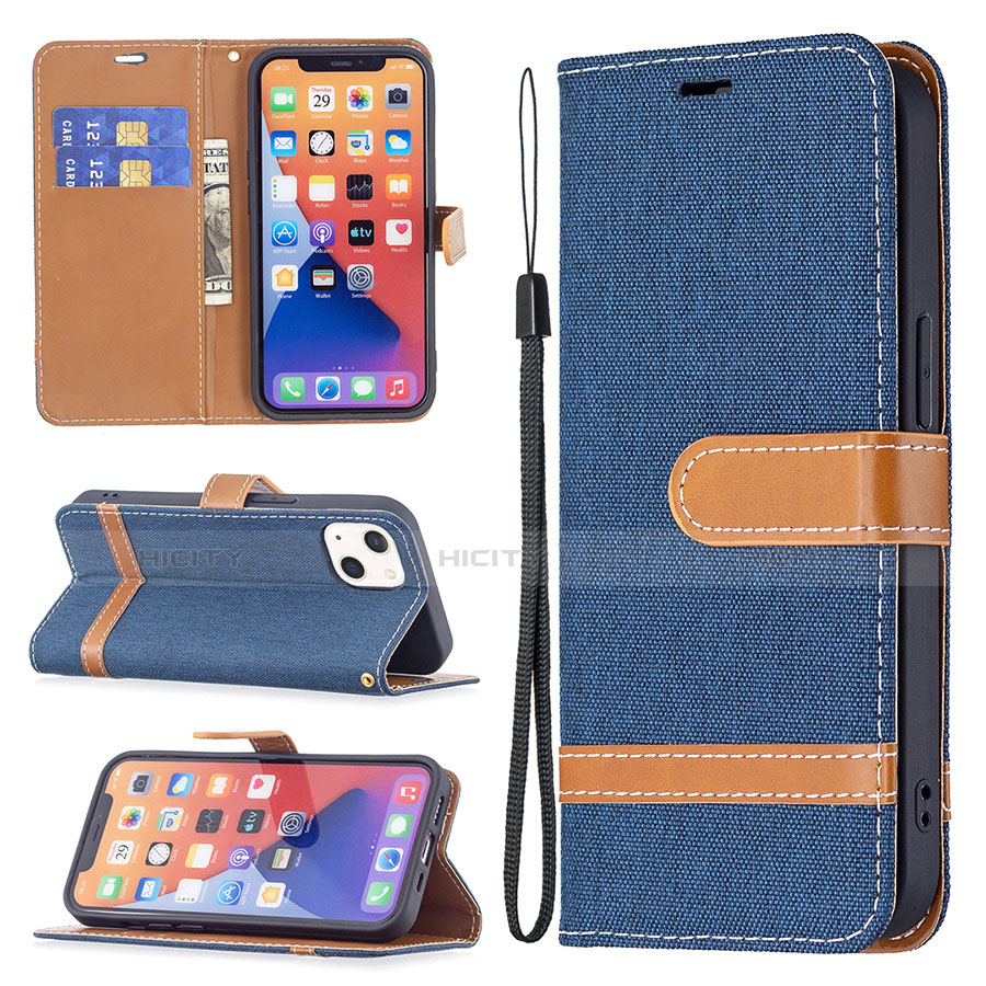 Coque Clapet Portefeuille Livre Tissu pour Apple iPhone 14 Bleu Royal Plus