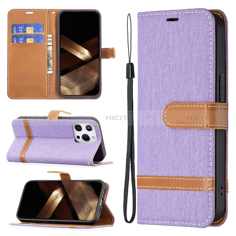 Coque Clapet Portefeuille Livre Tissu pour Apple iPhone 14 Pro Max Violet Plus