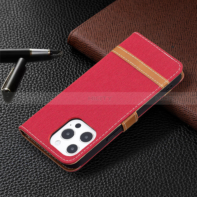 Coque Clapet Portefeuille Livre Tissu pour Apple iPhone 14 Pro Rouge Plus