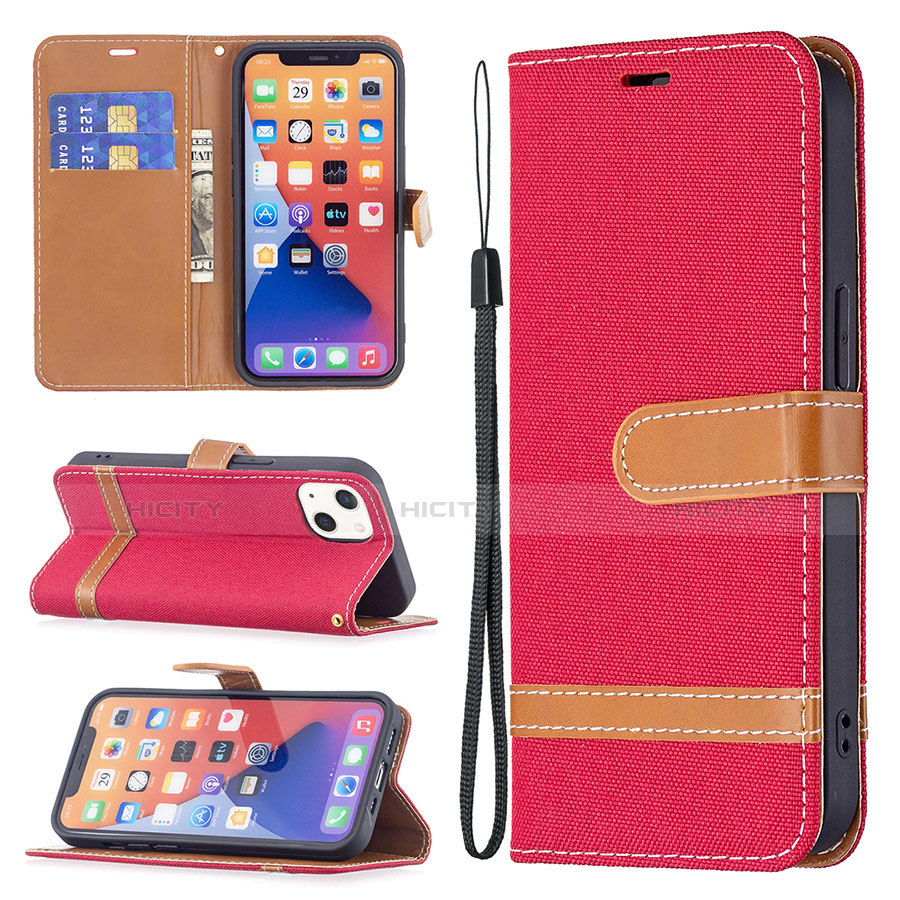 Coque Clapet Portefeuille Livre Tissu pour Apple iPhone 14 Rouge Plus