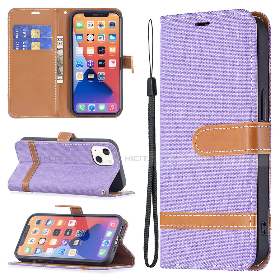 Coque Clapet Portefeuille Livre Tissu pour Apple iPhone 14 Violet Plus