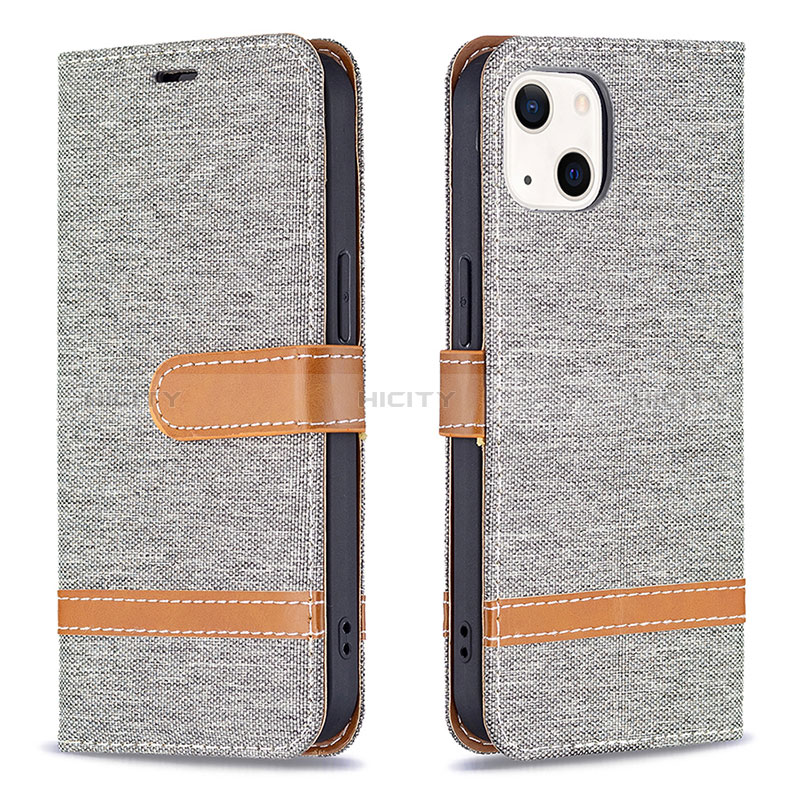 Coque Clapet Portefeuille Livre Tissu pour Apple iPhone 15 Gris Plus