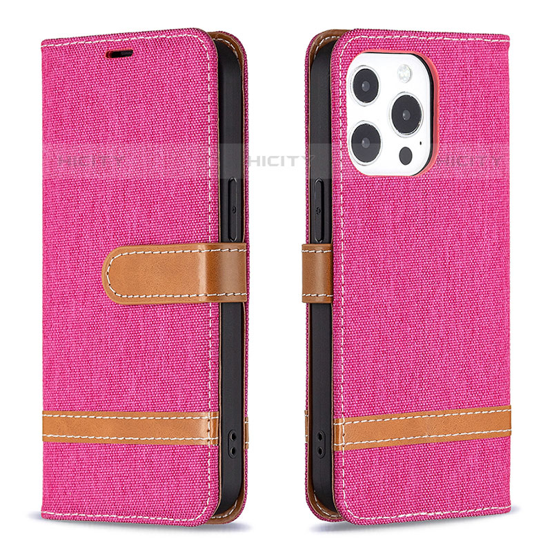 Coque Clapet Portefeuille Livre Tissu pour Apple iPhone 15 Pro Rose Rouge Plus