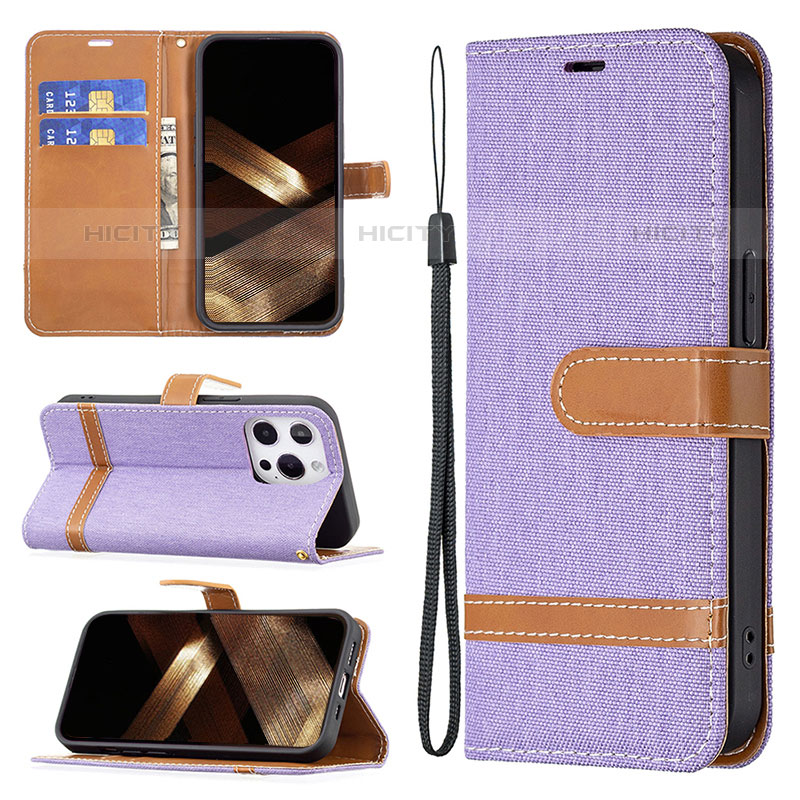 Coque Clapet Portefeuille Livre Tissu pour Apple iPhone 15 Pro Violet Plus