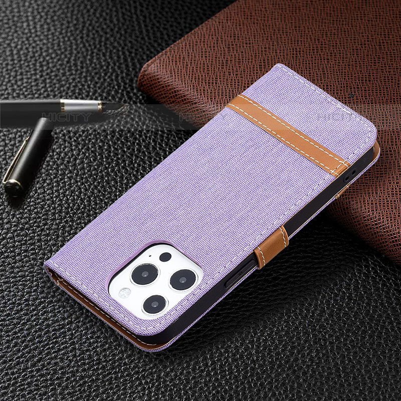 Coque Clapet Portefeuille Livre Tissu pour Apple iPhone 15 Pro Violet Plus