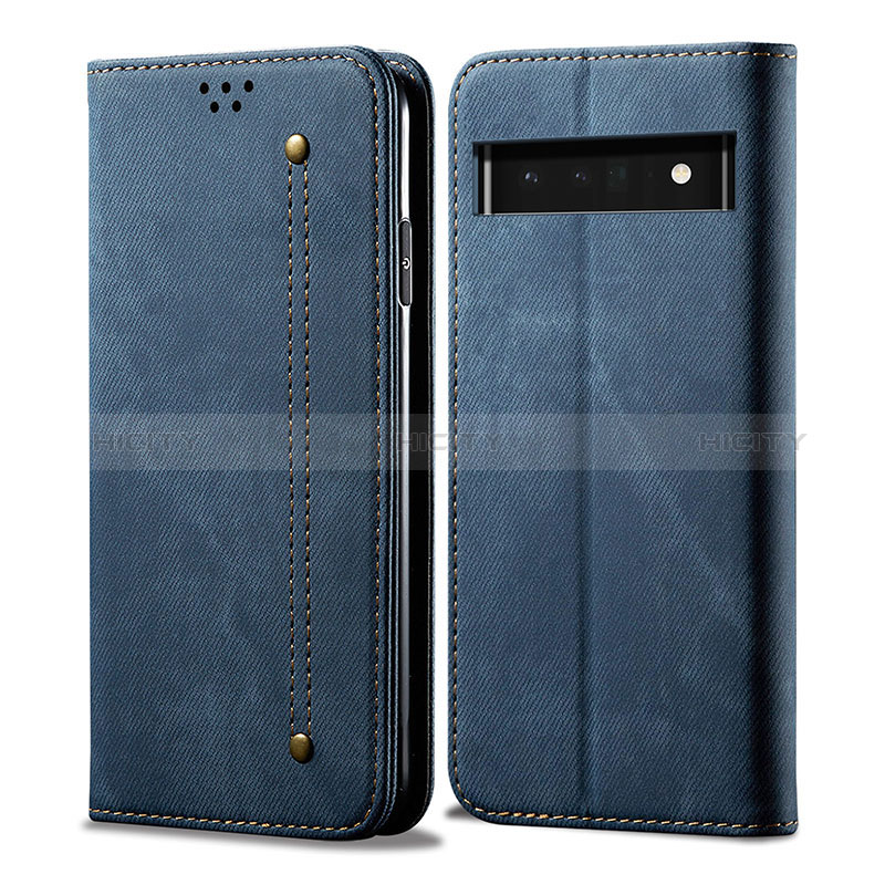 Coque Clapet Portefeuille Livre Tissu pour Google Pixel 6 5G Bleu Plus