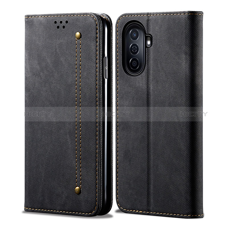 Coque Clapet Portefeuille Livre Tissu pour Huawei Nova Y70 Noir Plus