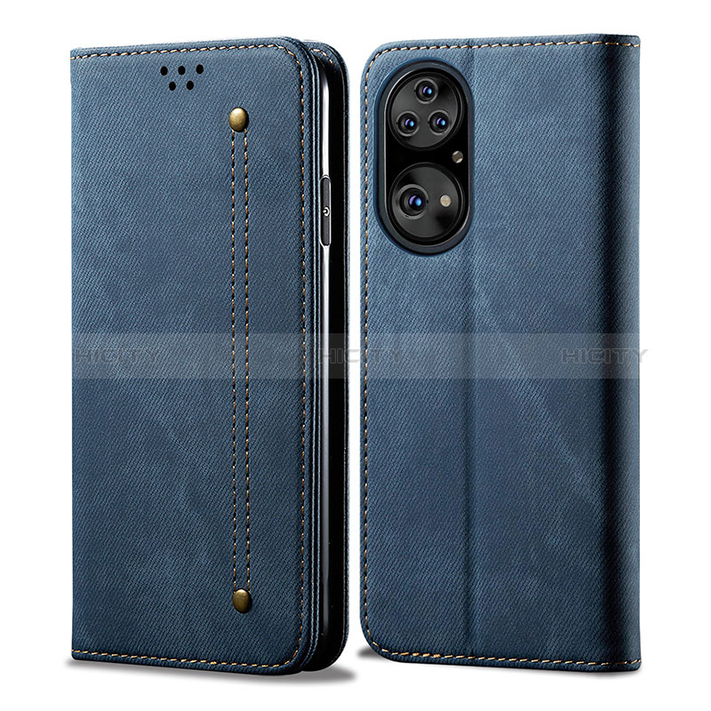 Coque Clapet Portefeuille Livre Tissu pour Huawei P50e Bleu Plus