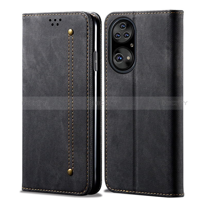 Coque Clapet Portefeuille Livre Tissu pour Huawei P50e Noir Plus