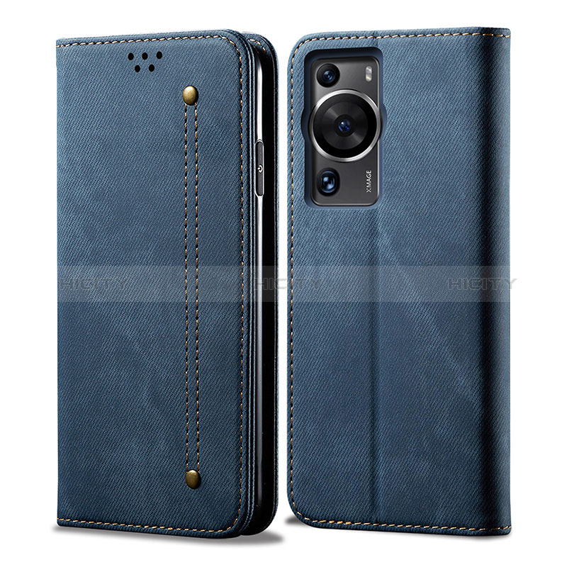 Coque Clapet Portefeuille Livre Tissu pour Huawei P60 Pro Bleu Plus