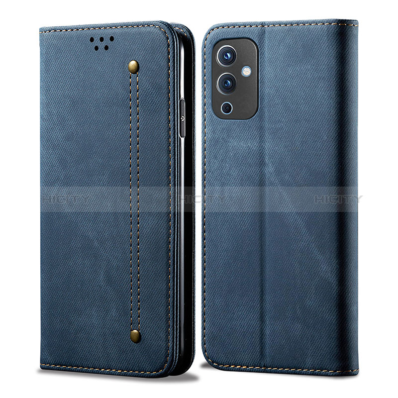 Coque Clapet Portefeuille Livre Tissu pour OnePlus 9 5G Bleu Plus