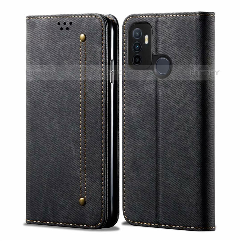 Coque Clapet Portefeuille Livre Tissu pour Oppo A11s Noir Plus