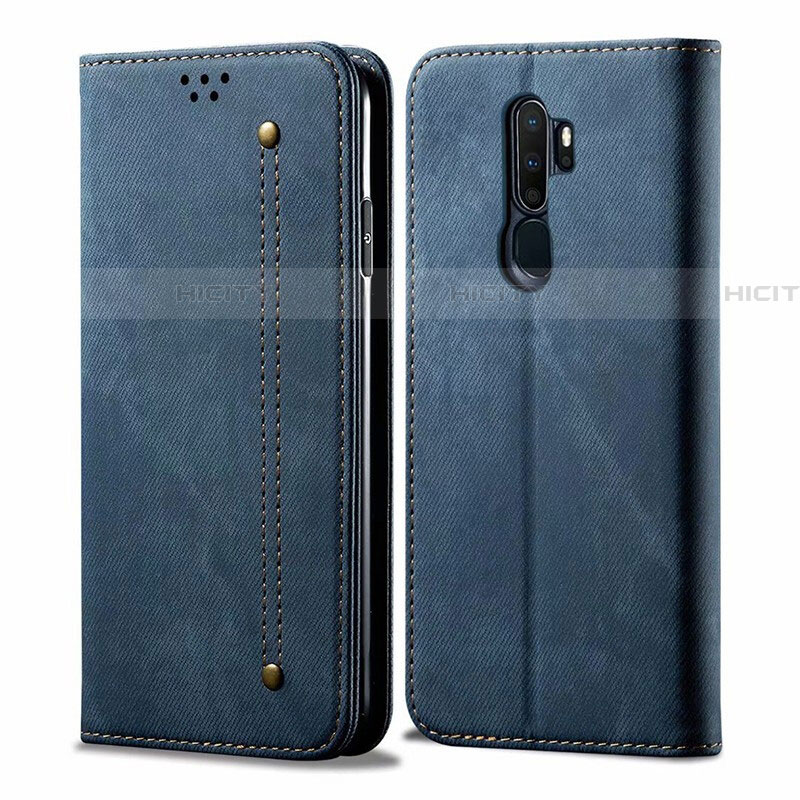 Coque Clapet Portefeuille Livre Tissu pour Oppo A5 (2020) Bleu Plus