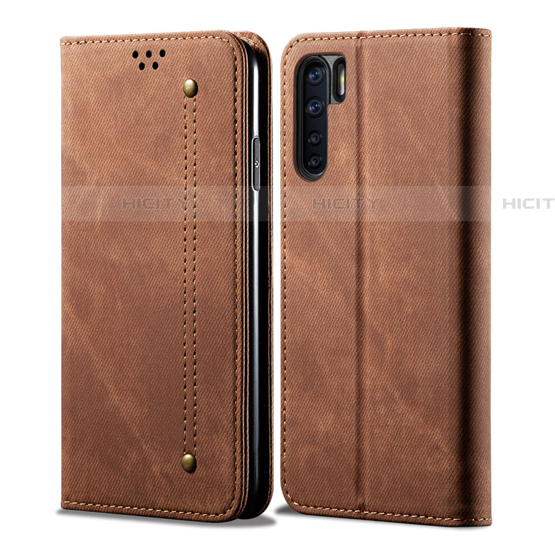 Coque Clapet Portefeuille Livre Tissu pour Oppo A91 Marron Plus