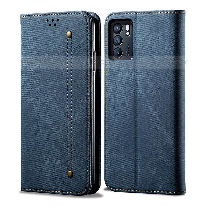 Coque Clapet Portefeuille Livre Tissu pour Oppo Reno6 Pro 5G India Bleu Plus