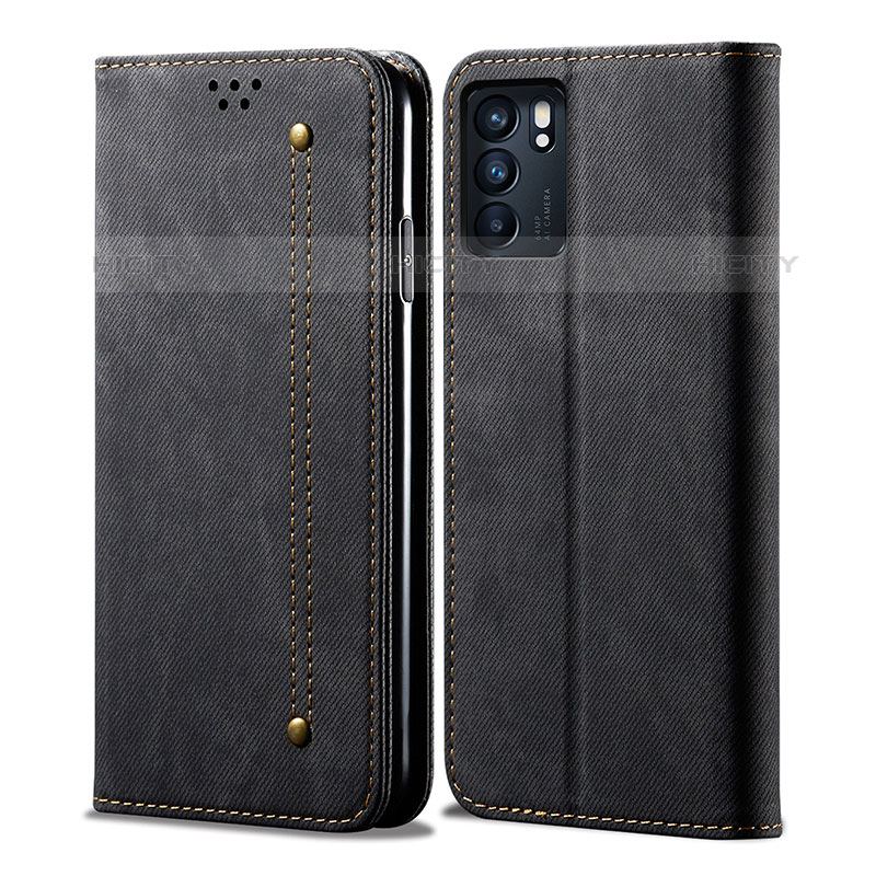 Coque Clapet Portefeuille Livre Tissu pour Oppo Reno6 Z 5G Noir Plus