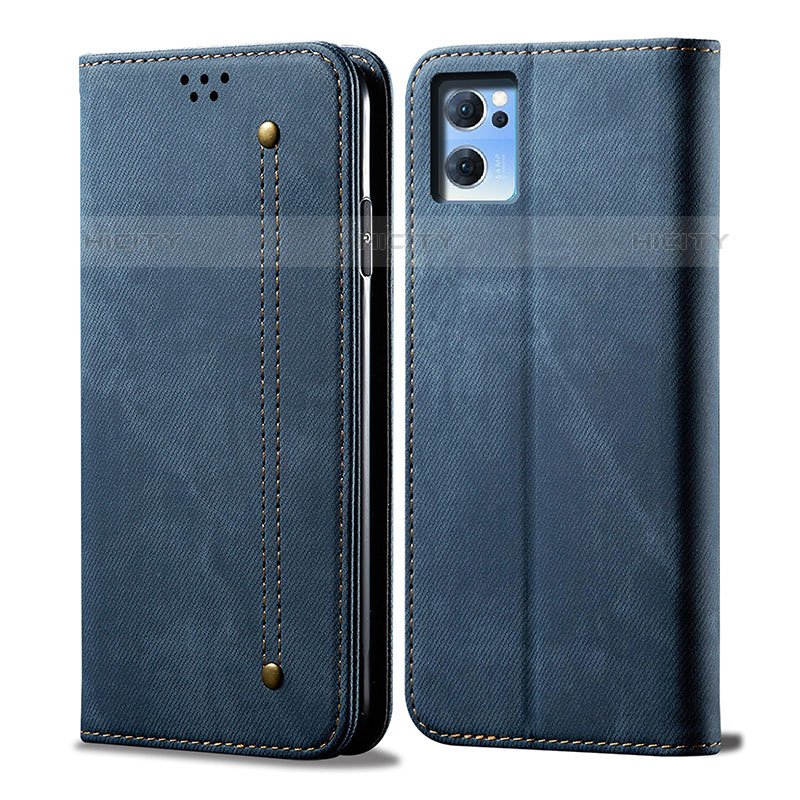 Coque Clapet Portefeuille Livre Tissu pour Oppo Reno7 5G Bleu Plus