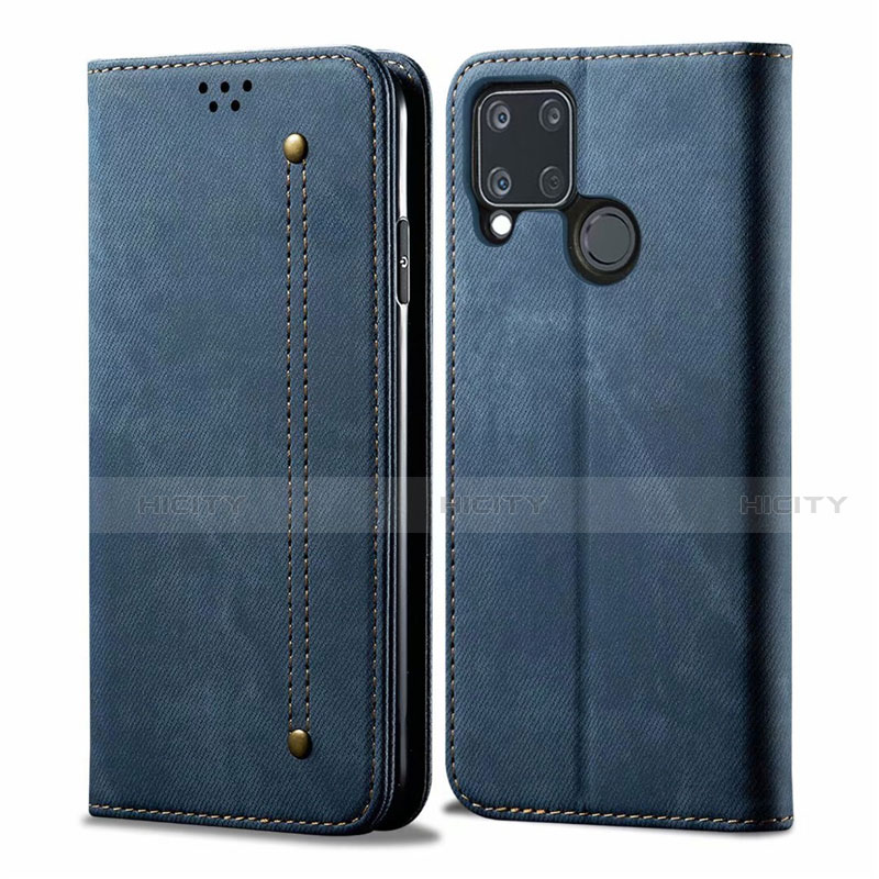 Coque Clapet Portefeuille Livre Tissu pour Realme C15 Bleu Plus