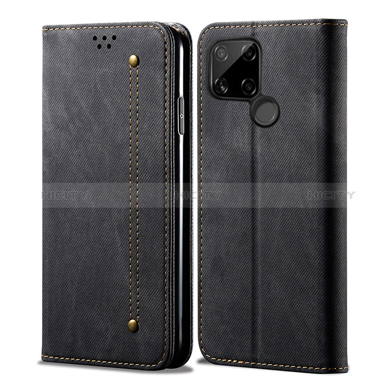 Coque Clapet Portefeuille Livre Tissu pour Realme C21 Noir Plus