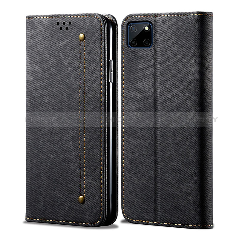 Coque Clapet Portefeuille Livre Tissu pour Realme C21Y Noir Plus