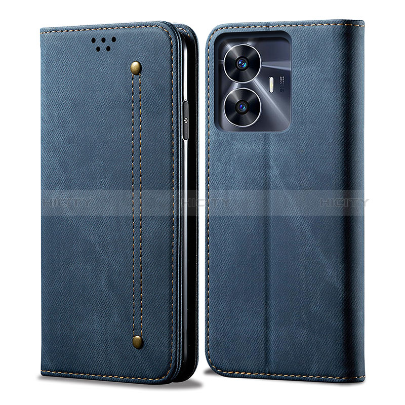 Coque Clapet Portefeuille Livre Tissu pour Realme C55 Bleu Plus