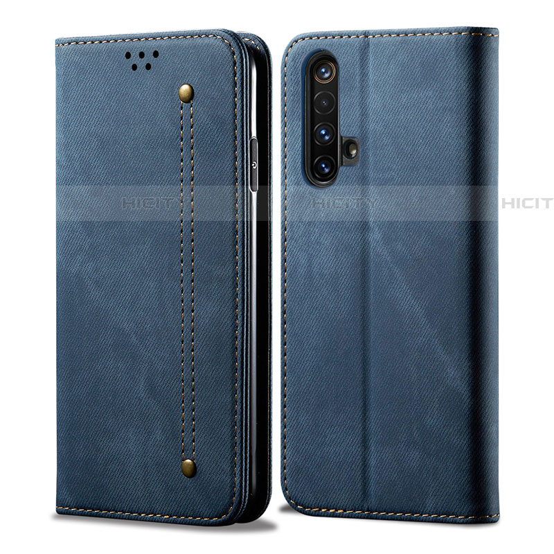 Coque Clapet Portefeuille Livre Tissu pour Realme X50 5G Bleu Plus