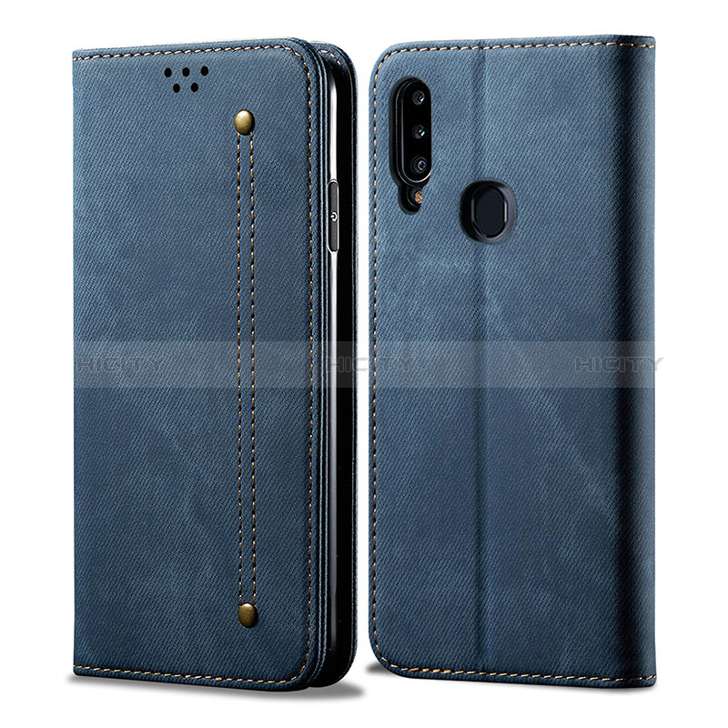 Coque Clapet Portefeuille Livre Tissu pour Samsung Galaxy A20s Bleu Plus