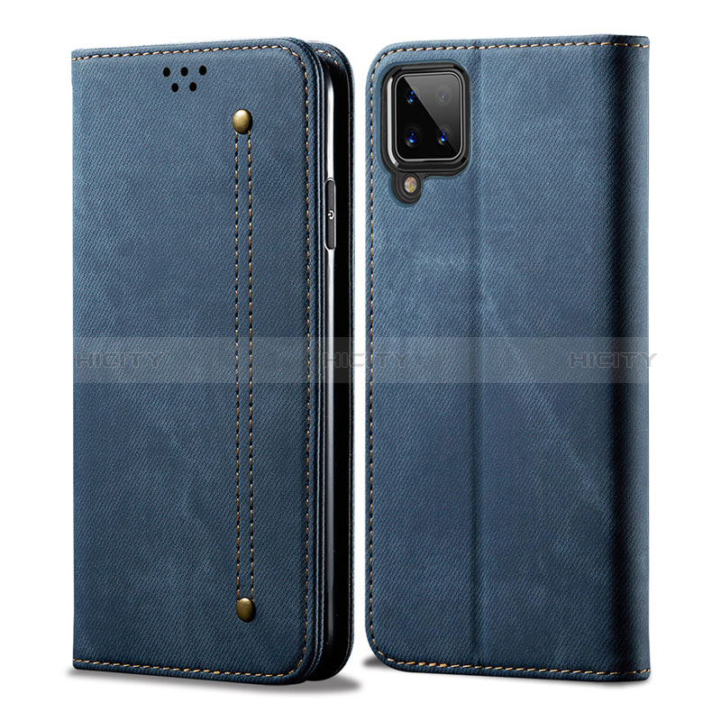 Coque Clapet Portefeuille Livre Tissu pour Samsung Galaxy M12 Bleu Plus