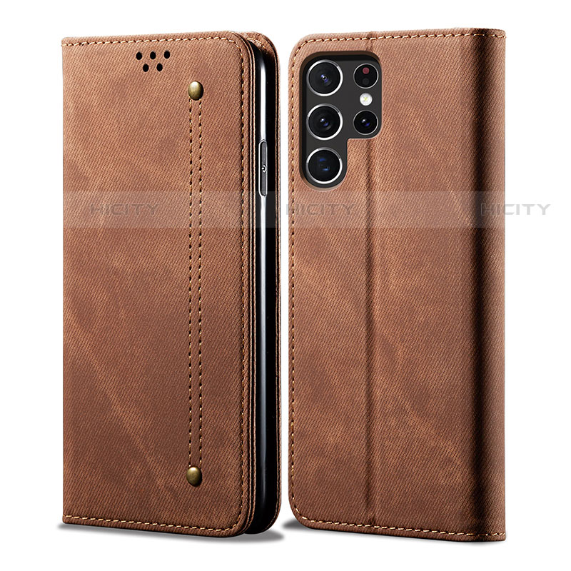 Coque Clapet Portefeuille Livre Tissu pour Samsung Galaxy S23 Ultra 5G Marron Plus