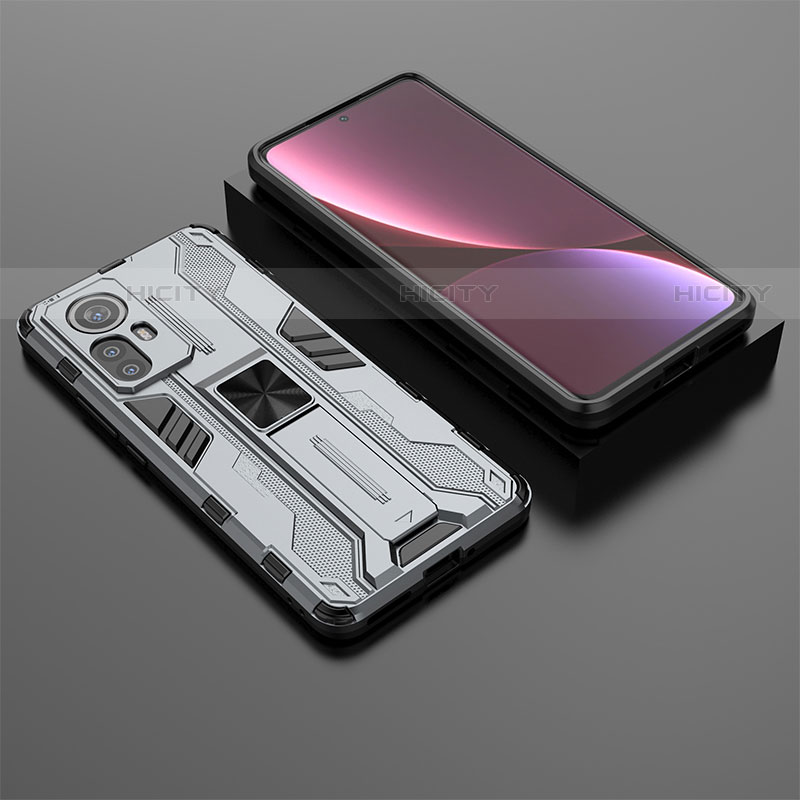 Coque Contour Silicone et Plastique Housse Etui Mat avec Aimant Magnetique Support A01 pour Xiaomi Mi 12 Pro 5G Gris Plus