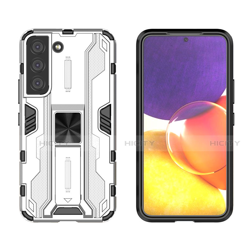 Coque Contour Silicone et Plastique Housse Etui Mat avec Aimant Magnetique Support A03 pour Samsung Galaxy S21 5G Blanc Plus