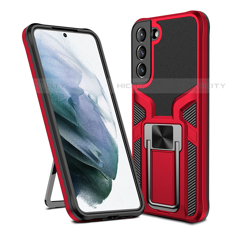 Coque Contour Silicone et Plastique Housse Etui Mat avec Aimant Magnetique Support A05 pour Samsung Galaxy S21 5G Rouge Plus