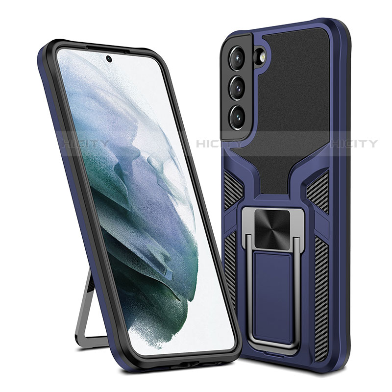 Coque Contour Silicone et Plastique Housse Etui Mat avec Aimant Magnetique Support A05 pour Samsung Galaxy S21 FE 5G Bleu Plus