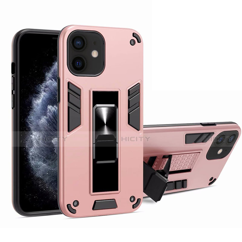 Coque Contour Silicone et Plastique Housse Etui Mat avec Aimant Magnetique Support H01 pour Apple iPhone 12 Mini Rose Plus