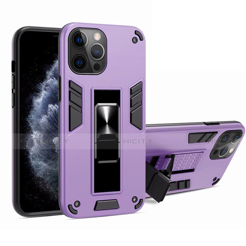 Coque Contour Silicone et Plastique Housse Etui Mat avec Aimant Magnetique Support H01 pour Apple iPhone 12 Pro Violet Clair Plus