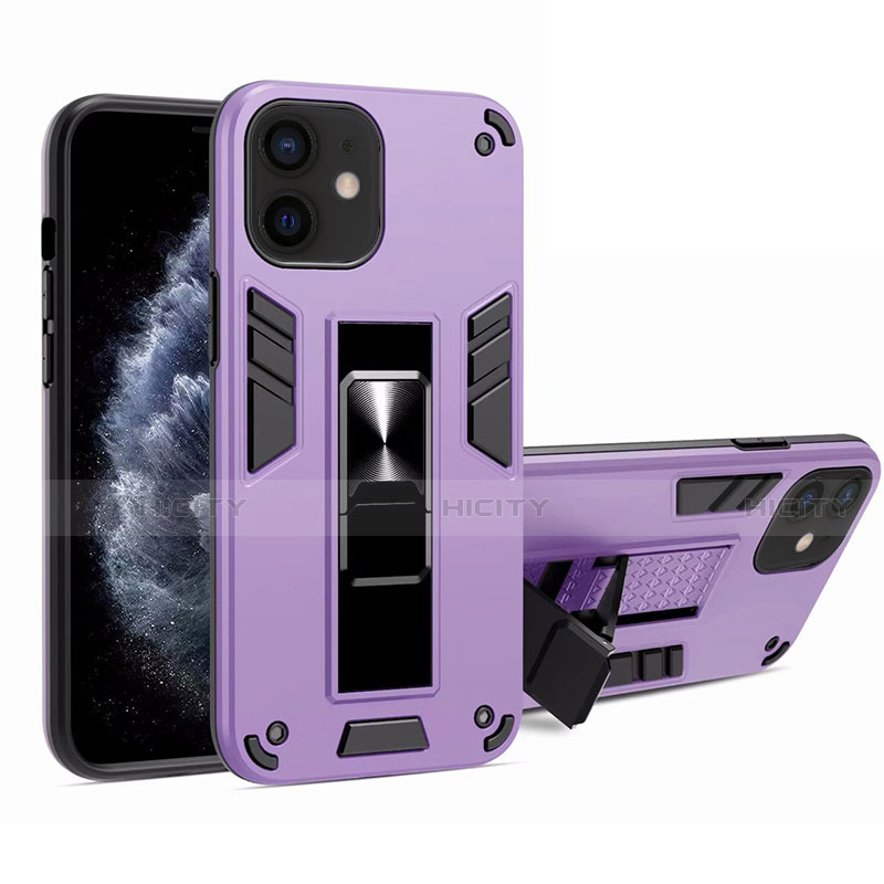 Coque Contour Silicone et Plastique Housse Etui Mat avec Aimant Magnetique Support H01 pour Apple iPhone 12 Violet Clair Plus